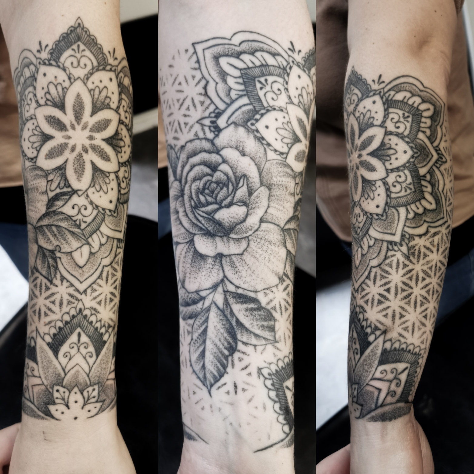 Photo d'un tatouage prenant tout l'avant bras représentant une pivoine et des mandalas avec un fond en dotwork