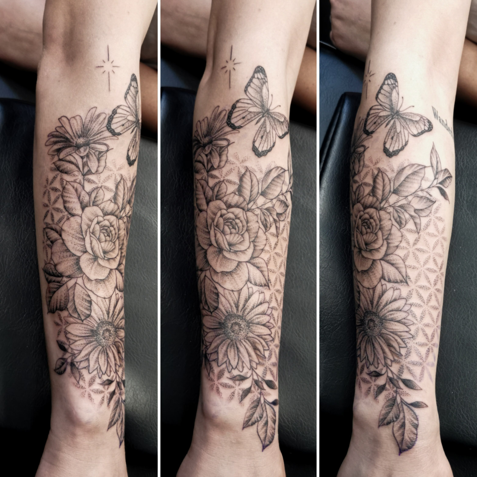 Photo d'un tatouage prenant tout l'avant bras représentant une composition floral avec un papillon et un fond en dotwork